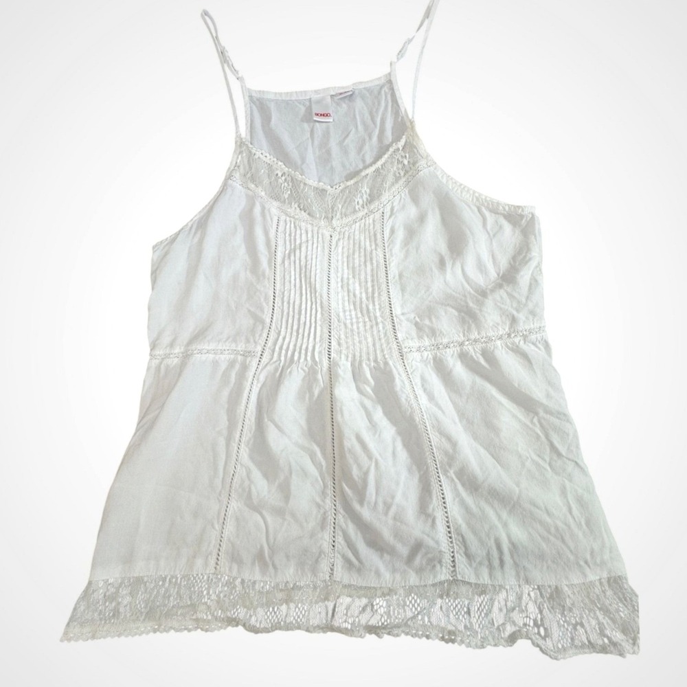 Bongo Womens White Lace Trim Pintuck Camisole Top XL Boho Adjustable Straps